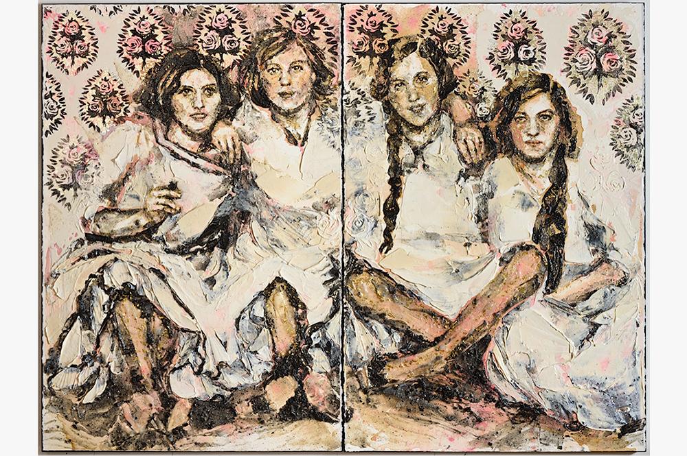 4名坐着的妇女与他们的周围对方的肩膀手臂绘画。从历史照片画的。