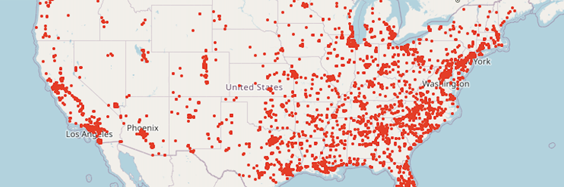 自2022年1月1日以来，美国所有与枪支有关的死亡地图。请关注https://www.gunviolencearchive.org/上不断更新的数据