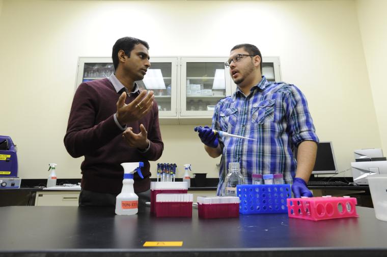 助理教授Prashanth Asuri和Jeffrey Kunkel在生物工程实验室图片链接到故事