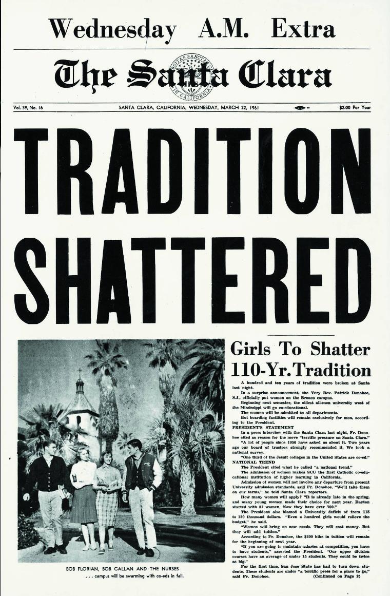 圣克拉拉报的头版宣布SCU录取女生。